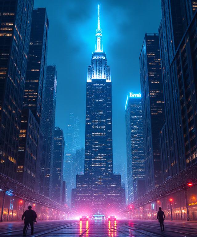Atmospheric New York City skyline with cosmic overlays