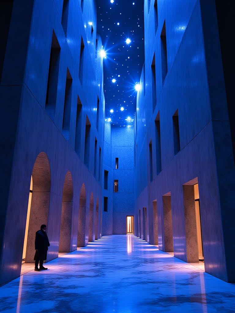 Atmospheric shot of a luxury hotel lobby with cosmic-themed lighting