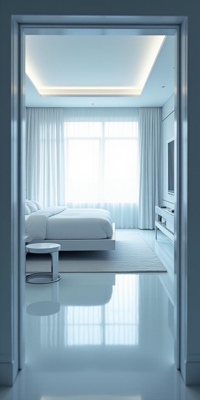 A luxury hotel suite with zero-gravity inspired furniture